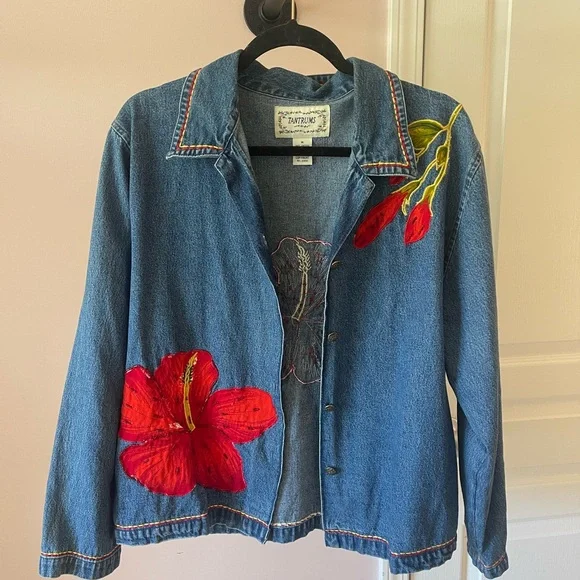 Tantrums Blue Denim Jacket with Red Floral Accents - Picture 1 of 3